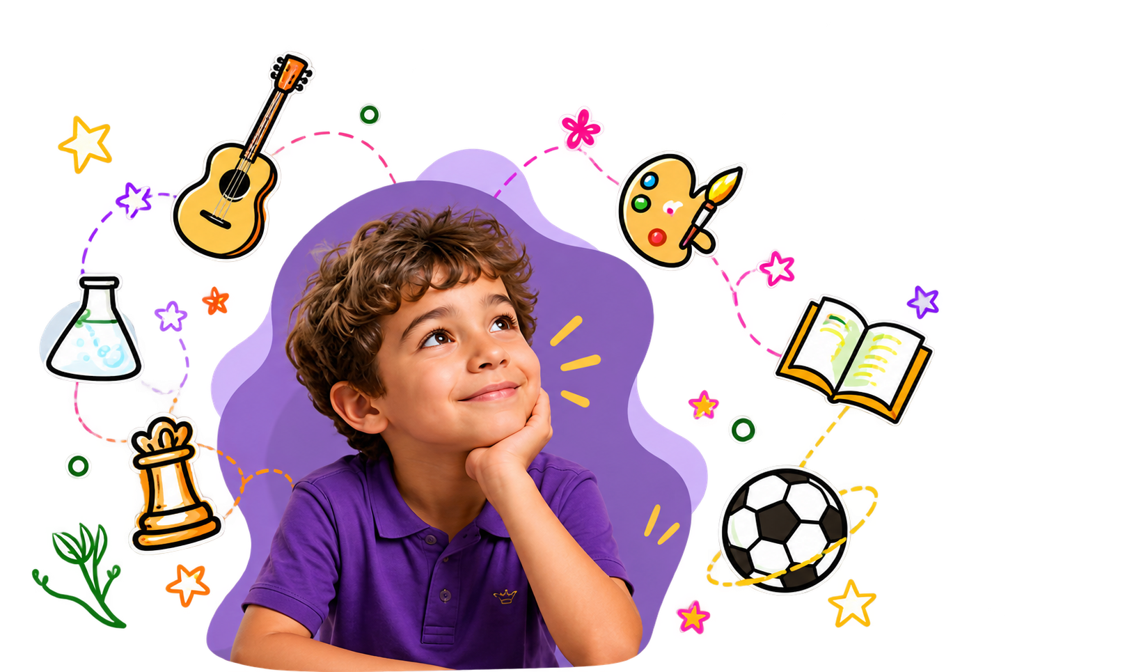Boy surrounded by icons of a guitar, chess piece, book, paint palette and football, thinking about what he'll discover